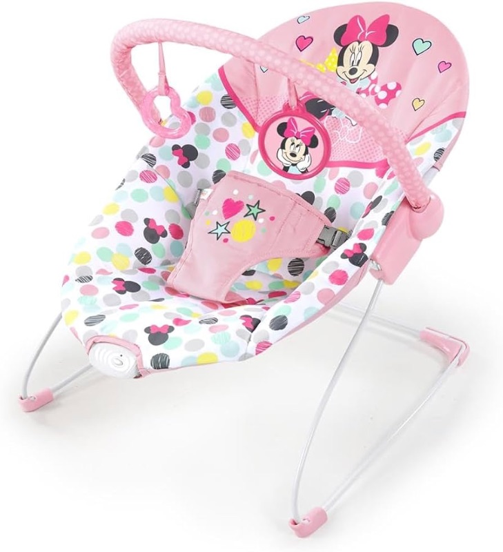 Photo 1 of Bright Starts Disney Baby Minnie Mouse Baby Bouncer Soothing Vibrations Plush Infant Seat - Removable Toy Bar, Nonslip Feet, 0-6 Months Up to 20 lbs (Spotty Dotty)