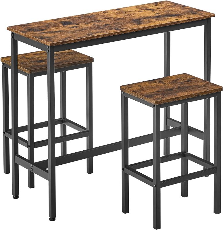 Photo 1 of **SEE NOTES/DAMAGED**
VASAGLE Dining Table Set, Bar Table and Chairs Set, Kitchen Bar Height Table with Stools Set of 2, Steel Frame, Industrial, Rustic Brown and Black ULBT218B01, 15.7 x 39.4 x 35.4 Inches
