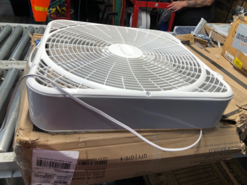 Photo 1 of ***UESD - DOESN'T POWER ON - UNABLE TO TROUBLESHOOT - SEE PICTURES***
Lasko Weather-Shield Performance Box Fan, 3 Speeds, Innovative Wind Ring System for Up to 30% More Air, Carry Handle for Bedroom, Office, Home, 20 Inch, White, 3720