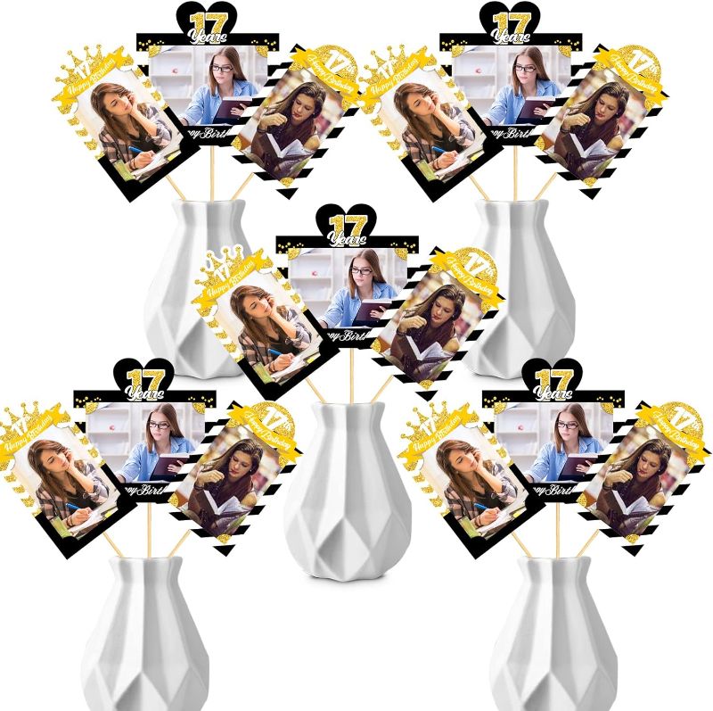 Photo 1 of 15Pcs 17th Birthday Party Picture Centerpiece Sticks - Black Gold - Teenager Birthday Photo Table Toppers - Happy 17th Birthday - 17 Years Old Birthday Party Supplies