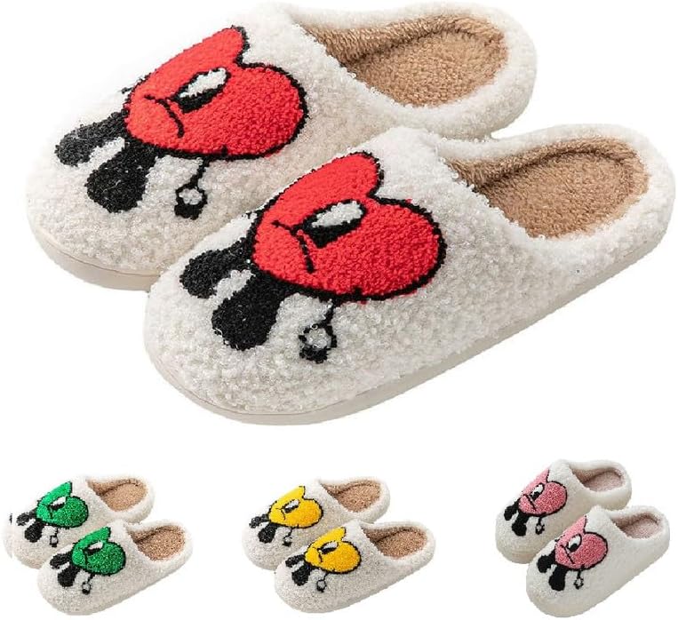 Photo 1 of DAISY'S FINDINGS Bad Bunny Slippers - Smiley Face Slippers for Women - Cute Plush Slippers for Women - Cozy Comfortable Fluffy Slippers for Women - Can Be Worn Indoors and Outdoors (Pink)
