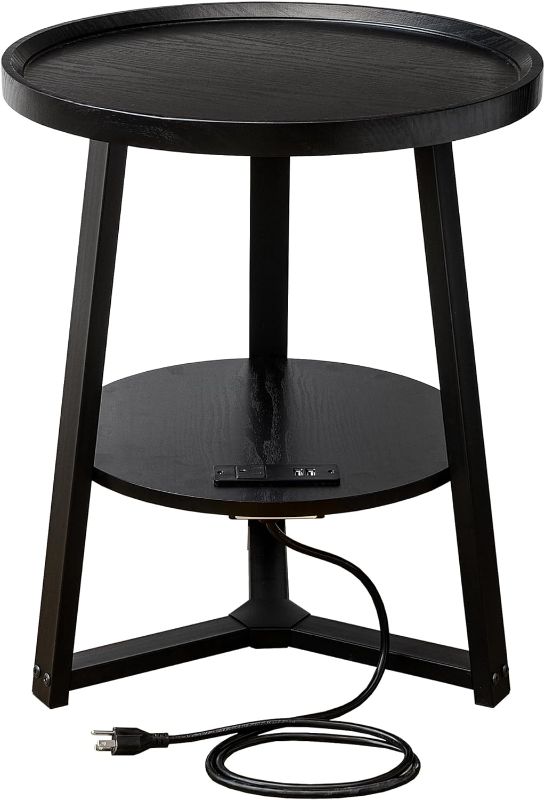 Photo 1 of KJGKK Round End Table with Charging Station, 19.7" Dia x 23.63" H, Side Table with Storage Shelf