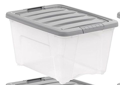 Photo 1 of  32 Quart Stackable Plastic Storage Bin with Latching Lid- Clear/ Grey