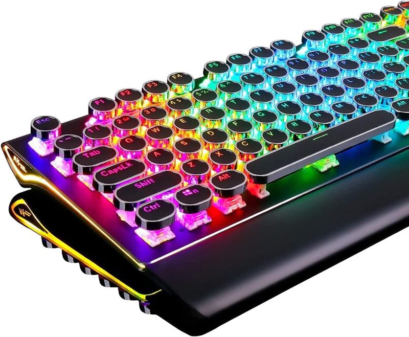 Photo 1 of RK ROYAL KLUDGE S108 Typewriter Keyboard, Retro Mechanical Gaming Keyboard Wired 108 Keys with RGB Backlit Sidelight, Detachable Wrist Rest, Round Keycaps Blue Switches - Black