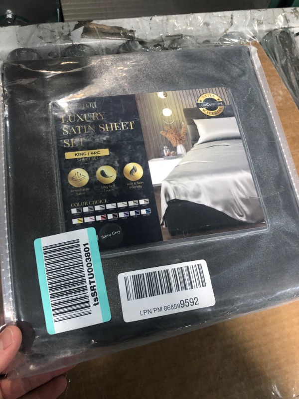 Photo 2 of (OPENED FOR INSPECTION)
DECOLURE Satin Sheets Set King 4pcs -Hypoallergenic Wrinkle-Free Satin Sheets with Deep Pocket Stone Grey King