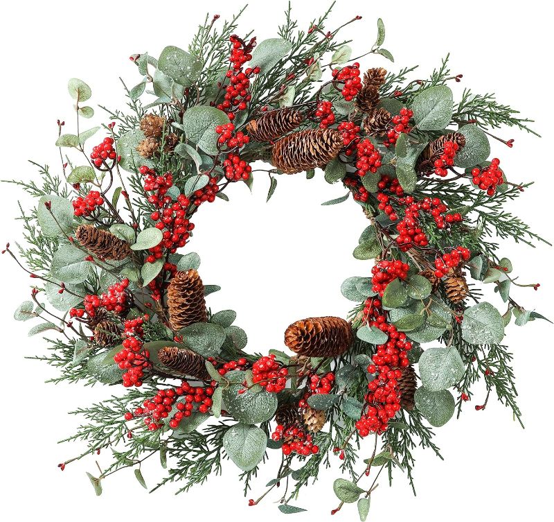 Photo 1 of (OPENED FOR INSPECTION)
AMF0RESJ Artificial Christmas Wreath Winter Wreath with Eucalyptus Leaves,Snowflake,Big red Berries,Big pinecones,Pine Needles 