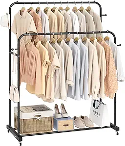 Photo 1 of 
Roll over image to zoom in







6 VIDEOS
Double Rods Garment Rack with Wheels, Clothing Rack for Hanging Clothes,4 Hooks, Multi-functional Bedroom Clothes Rack, Black
Brand: Laiensia