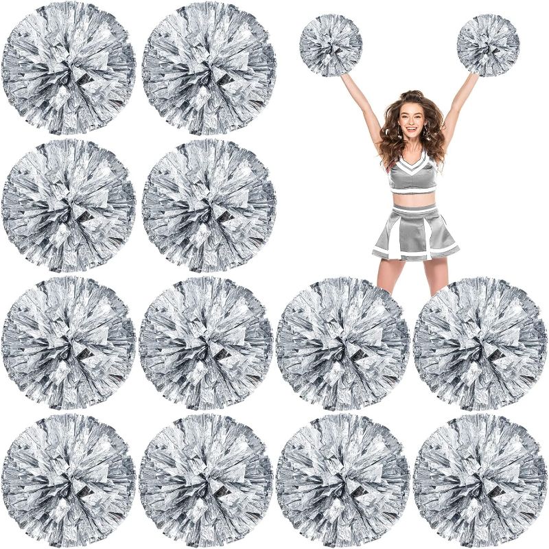 Photo 1 of 12 Pack Cheerleading Pom Poms, Metallic Foil Pom Poms with Baton Handle Cheer Squad Team Spirited Fun Pom Poms for Party, Sports Dance Cheer, 12 Inch, 50g Weight Each