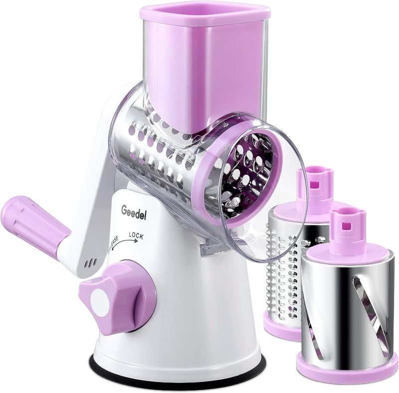 Photo 1 of Geedel Rotary Cheese Grater, Kitchen Mandoline Vegetable Slicer with 3 Interchangeable Blades, Easy to Clean Rotary Grater Slicer for Fruit, Vegetables, Nuts