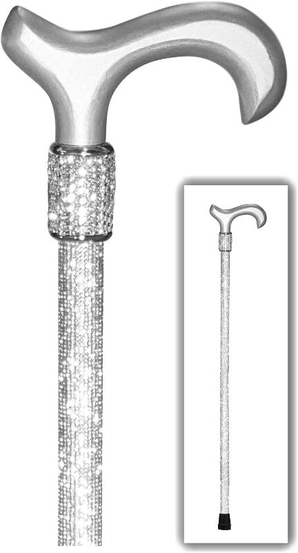 Photo 1 of OrthoGlam “Silver Screen” Lightweight Crystal Rhinestone Bedazzled Fashion Cane - Fashionable Bling Wooden Walking Stick for Balance Assistance