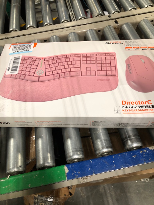 Photo 2 of **USED**  MEETION Ergonomic Wireless Keyboard and Mouse, Ergo Keyboard with Vertical Mouse, Split Keyboard with Cushioned Wrist Palm Rest Natural Typing Rechargeable Full Size, Windows/Mac/Computer/Laptop, Pink Large Pink