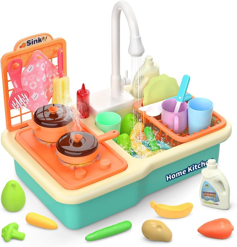 Photo 1 of CUTE STONE Kitchen Sink Toys with Running Water, Play Sink with Upgraded Electric Faucet, Play Cooking Stove, Pot and Pan W/ Spray Realistic Light & Sound, Kids Kitchen Role Play Dishwasher Toys