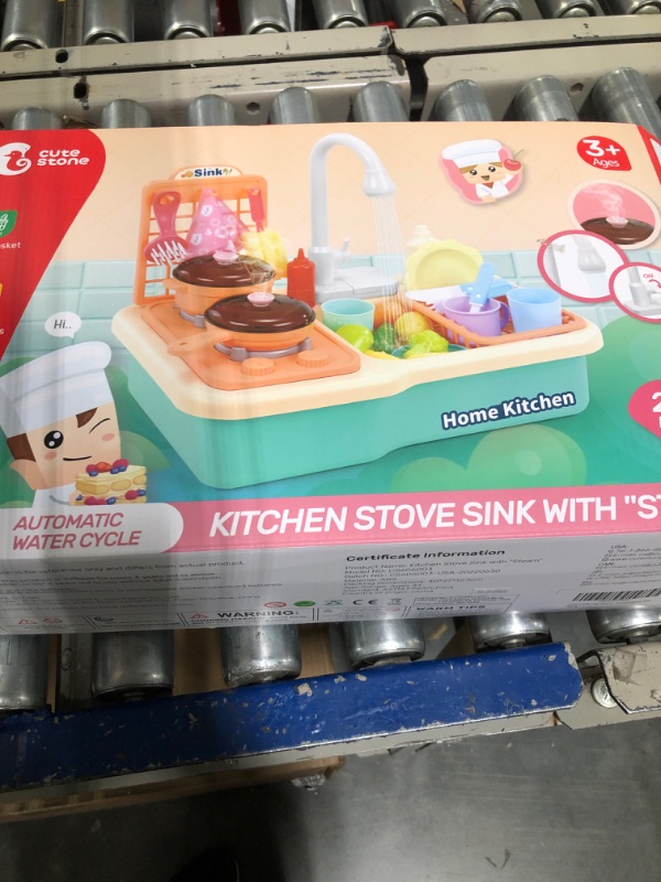 Photo 2 of CUTE STONE Kitchen Sink Toys with Running Water, Play Sink with Upgraded Electric Faucet, Play Cooking Stove, Pot and Pan W/ Spray Realistic Light & Sound, Kids Kitchen Role Play Dishwasher Toys