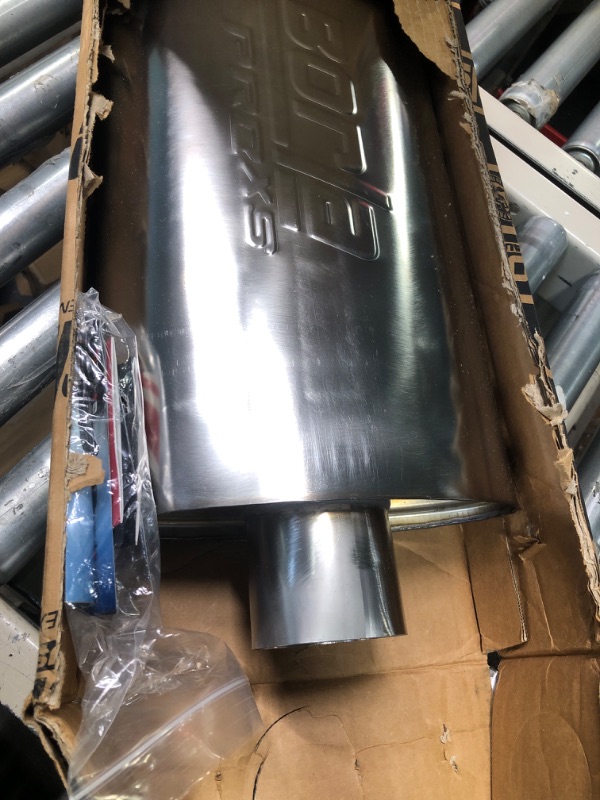 Photo 2 of BORLA 40349 ProXS Universal Performance Muffler 3" Single Center Inlet/Dual 2.5" Outlets 4" x 9.5" Oval x 19" Long Body 25" Overall Length Un-Notched Necks Reversible Design T-304 Stainless SteelQ