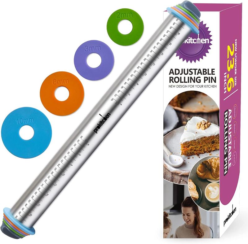 Photo 1 of 23.6 Inch Rolling Pin with Thickness Rings-Adjustable Stainless Steel Roller Guides Spacers Baking Tools for Dough Pizza Pie and Cookies