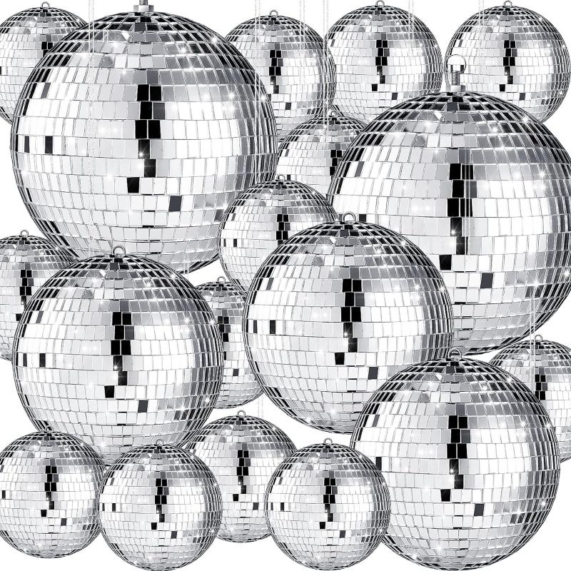 Photo 1 of 17 Pack Large Disco Ball Hanging Disco Ball Small Disco Ball Mirror Disco Balls Decorations for Party Wedding Dance and Music Festivals Decor Club Stage Props DJ Decoration (8, 6, 3.2 Inch)