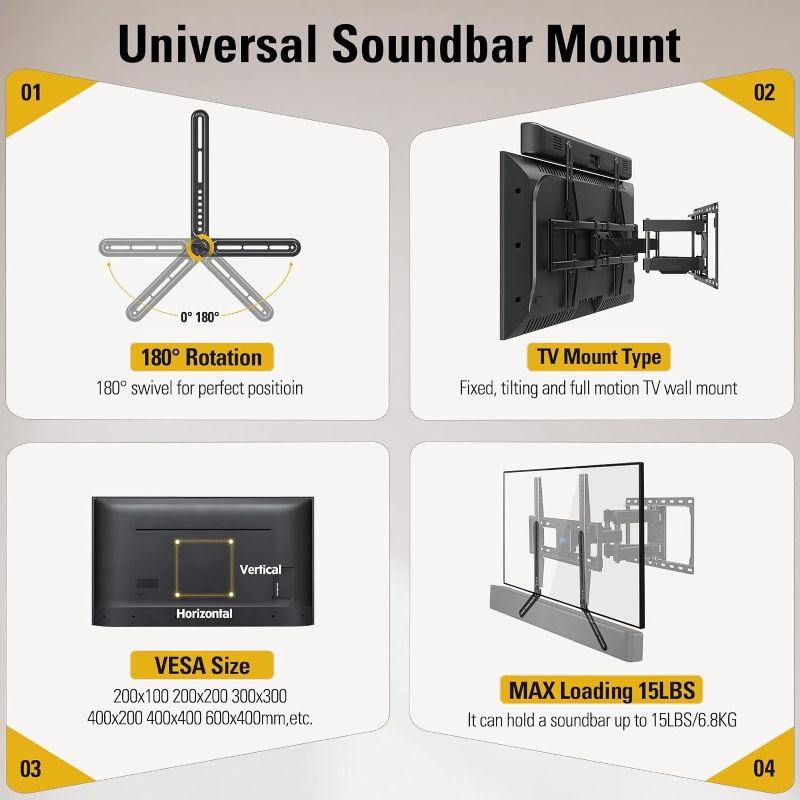 Photo 1 of 
Mounting Dream Soundbar Mount Bracket for Mounting Above or Under TV Fits Most of Sound Bars Up to 15 Lbs, with Detachable Long Extension Plates MD5420
