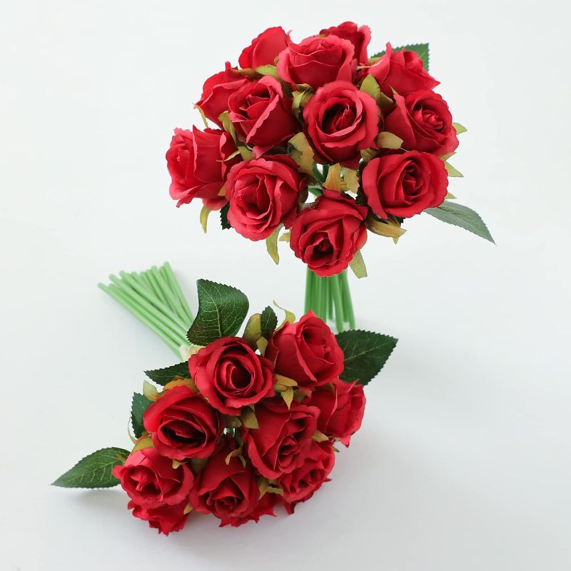 Photo 1 of  Artificial Roses Flowers Bouquet, Silk Fake Rose Floral Decor for Home, Office, Party, Table Centerpiece, Bridal Bouquet and Wedding Arrangement Decoration (, Red