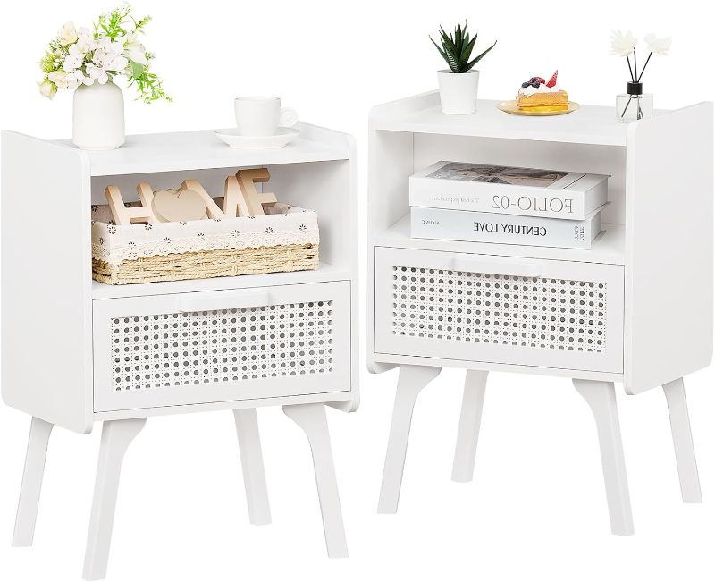 Photo 1 of 4.2 4.2 out of 5 stars 329 Reviews
Lerliuo Rattan Nightstands Set of 2, Side Table with Drawer Open Shelf, Cane Accent Bedside End Table with Solid Wood Legs, Mid Century Modern Night Stand for Bedroom, Dorm and Small Spaces (White