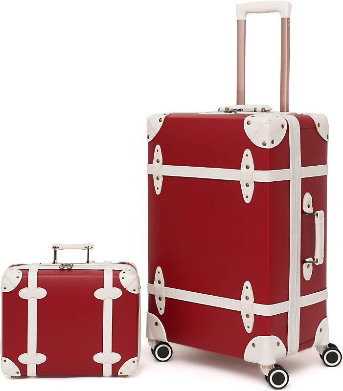 Photo 4 of ** VERY DENTED / ONLY USEABLE FOR SMALL MAKEUP LUGGAGE ** NZBZ Vintage Luggage Set of 2 Pieces, Lightweight Hardside Spinner Suitcase with TSA Lock and 8 Wheels (Red with apricot, 14inch & 20inch