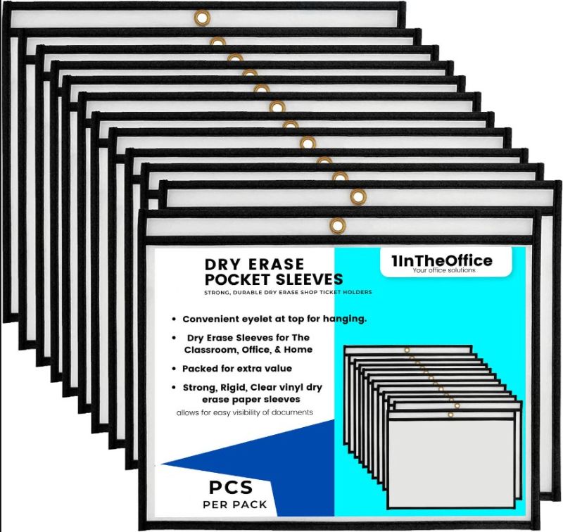 Photo 1 of 1InTheOffice Dry Erase Pocket Sleeves, Black Shop Ticket Holders 9x12, Plastic Sleeve 25/ Pack (PACK 2)