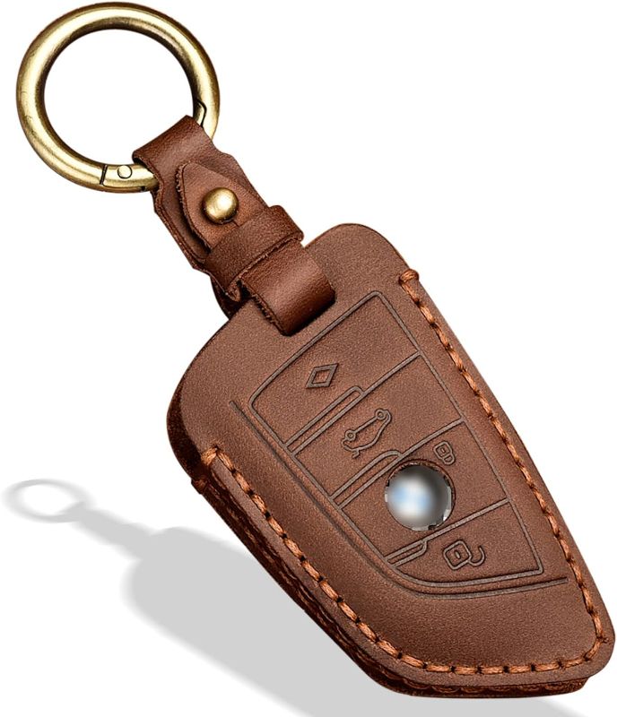 Photo 1 of OLLEN Genuine Leather No Screws Key Fob Cover Fit for BMW 5 6 7 Series X1 X2 X3 X5 X6 GT Series etc, Blade Shape, Brown A Style, Brown