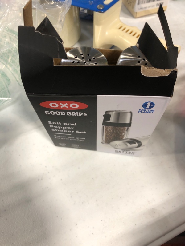 Photo 2 of **PLASTIC** OXO Salt and Pepper Shaker Set, Clear, Stainless Steel Salt & Pepper Shaker Set