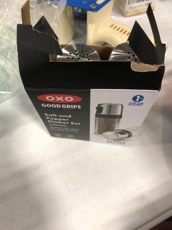 Photo 2 of OXO Salt and Pepper Shaker Set, Clear, Stainless Steel Salt & Pepper Shaker Set