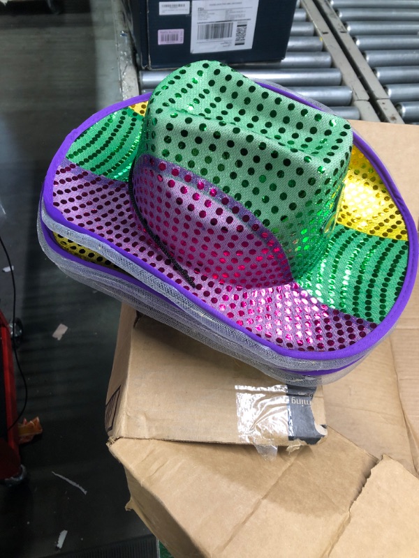 Photo 3 of 3 Pcs Mardi Gras Sequin Light Up LED Fedora Hat Bulk, Mardi Gras Flashing Sequin Cowboy Costume Hat with Purple Green Gold Sequins for Mardi Gras Party Favors, 14.96 x 11.42 x 4.33''