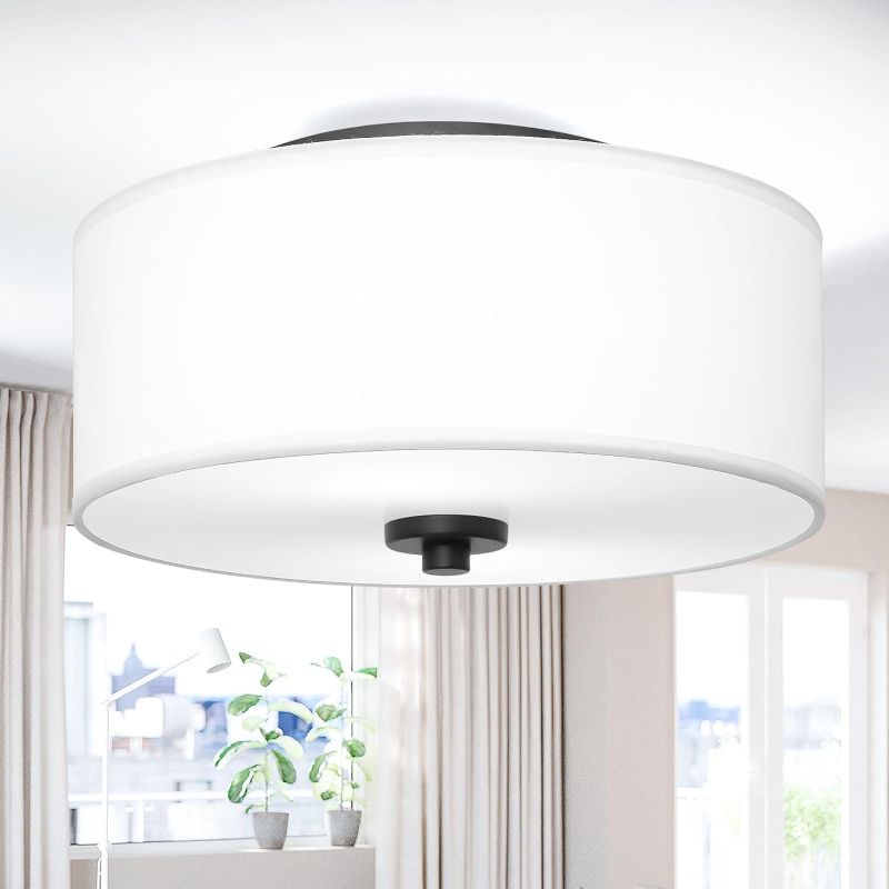 Photo 1 of 2-Light Flush Mount Ceiling Light Fixture, 12” Modern Close to Ceiling Light with White Fabric Linen Drum Shade, Round Ceiling Light for Bedroom Hallway Living Room Bathroom Dining Kitchen