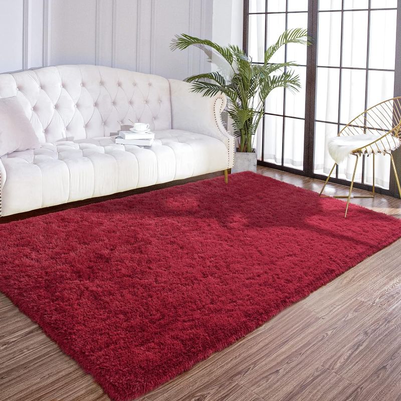 Photo 1 of  Fluffy Rugs for Bedroom Living Room, Shag Area Rugs for Nursery Kids Girls Room, Plush Fur Rug for Playroom Dorm 4x6 Feet, Wine Red