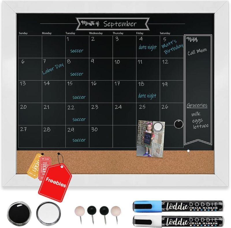 Photo 1 of Loddie Doddie 18x24 White Framed Chalkboard Calendar and Bulletin Combo Board. Includes Chalk Markers, Push-Pins and Magnets. Blackboard - Calendar - Cork Board. Perfect for Organizing Your Space ***minor damage on the upper left corner***