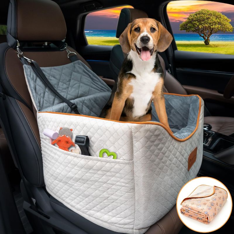 Photo 1 of AlfaTok Memory Foam Booster Dog Car Seat with Washable Removable Cover, Elevated Pet Car Seat, Anti-Slip Sturdy Dog Booster Seats for Small Dogs 25lbs, Dog Seat Belt, Storage Pocket, Dog Blankets 