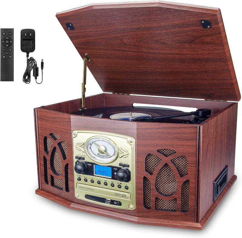 Photo 1 of 4)Record Player with Speakers, Turntable with FM Stereo Radio, Multimedia Center with Remote, Vintage Portable Phonograph Player, CD/MP3/Cassette Tape Player