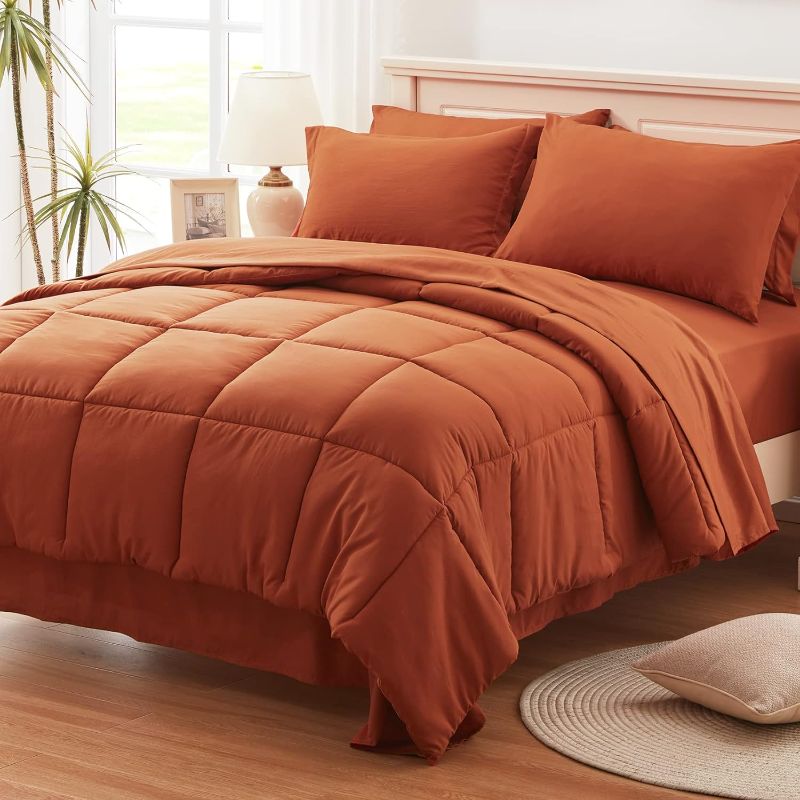 Photo 1 of  Down Alternative Blanket with Satin Trim, Brunt Orange Lightweight Comforter Solid Color Quilt Queen Luxurious Microfiber Bedding for All Seasons
