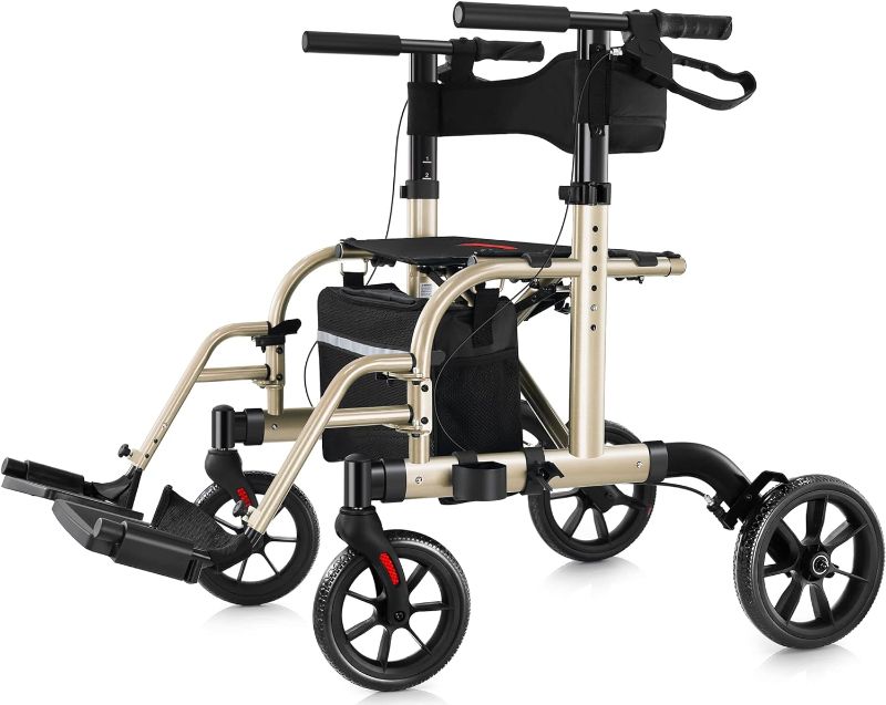 Photo 1 of 2 in 1 Rollator Walker Transport Chair for Seniors, 10” Wheels Medical Rollator for Seniors with Widen Seat Backrest, Detachable & Adjustable Footrests Folding Walker Wheelchair Combo, Gold