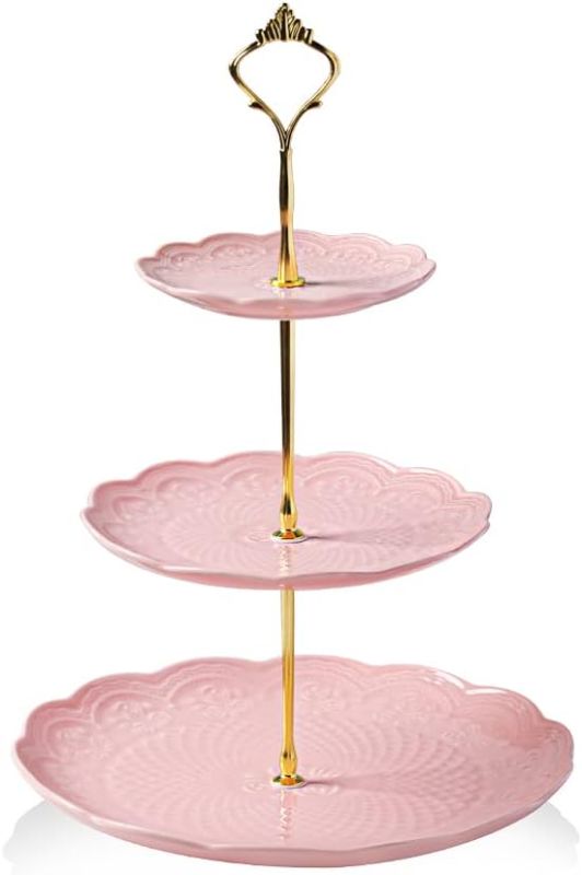 Photo 1 of  3 Tier Ceramic Cake Stand Wedding, Dessert Cupcake Stand for Tea Party Serving Platter (Rose Pink)