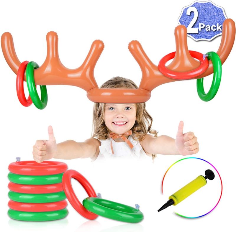 Photo 1 of 2 Set Inflatable Reindeer Ring Toss Game With Antlers and 12 Rings, Family Christmas Party Games
