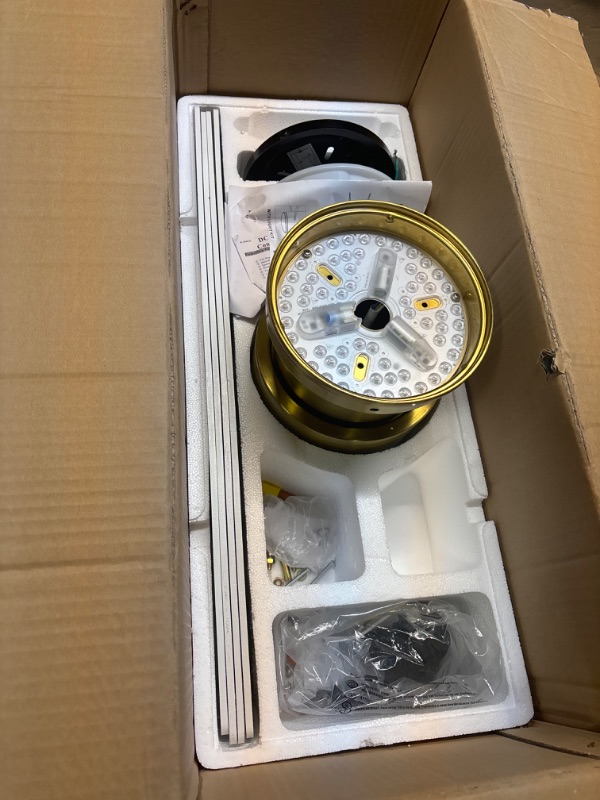 Photo 1 of WINGBO 52 Inch Flush Mount DC Ceiling Fan with Lights and Remote, 4 Reversible Blades, Ultra Quiet 6-Speed DC Motor, Hugger Low Profile Indoor Ceiling Fan, Brass Finish 52" ceiling fan with light Brass