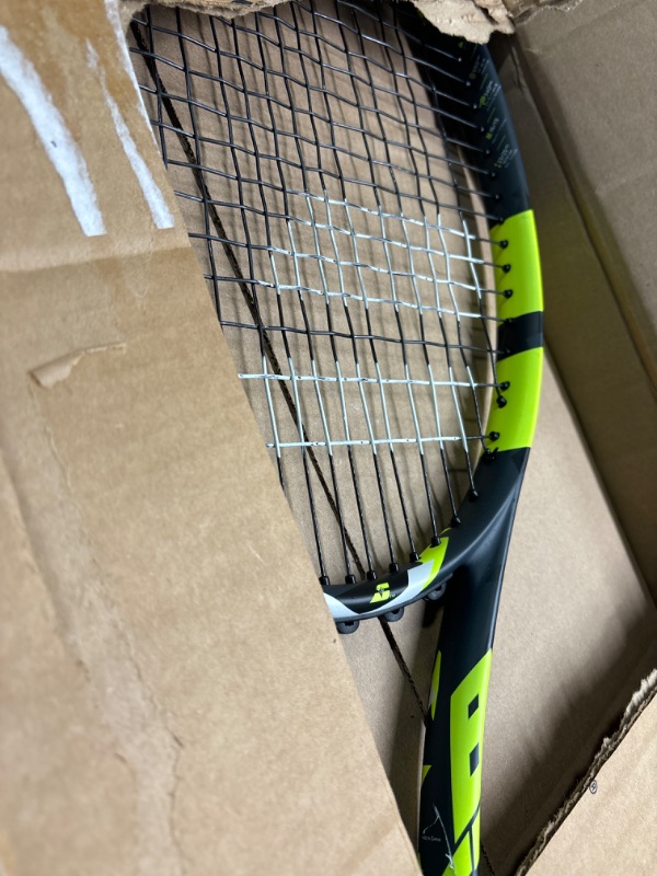 Photo 1 of **USED DUNLOP** Babolat Boost Aero Tennis Racquet (Yellow) Strung with White Babolat Syn Gut at Mid-Range Tension 4" Grip