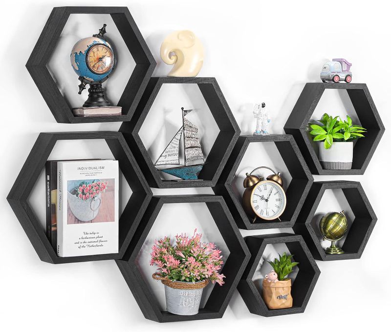 Photo 1 of CADUKE Hexagon Shelves for Wall Hexagonal Floating Shelves Set of 8 Honeycomb Wood Shelves for Wall Decor, Hanging Plants Shelf for Living Room Wall Storage Hexagon Racks for Bedroom, Black