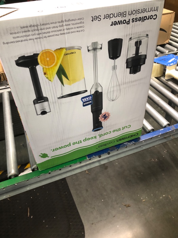 Photo 1 of CHEFMAN Cordless Portable Immersion Blender 5-in-1 Blender Set, Ice Crushing Power with One-Touch Speed Control, Comes with Potato Masher, Whisk, Chopper, Beaker, and Storage Case, Stainless Steel Cordless w/Chopper+Masher