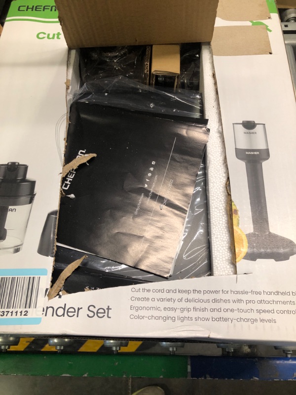 Photo 1 of CHEFMAN Cordless Portable Immersion Blender 5-in-1 Blender Set, Ice Crushing Power with One-Touch Speed Control, Comes with Potato Masher, Whisk, Chopper, Beaker, and Storage Case, Stainless Steel Cordless w/Chopper+Masher