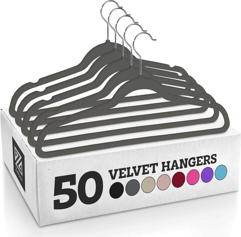 Photo 1 of Zober Velvet Hangers 50 Pack - Gray Hangers for Coats, Pants & Dress Clothes - Non Slip Clothes Hanger Set w/ 360 Degree Swivel, Holds up to 10 lbs - Strong Felt Hangers for Clothing 50 Pack Gray