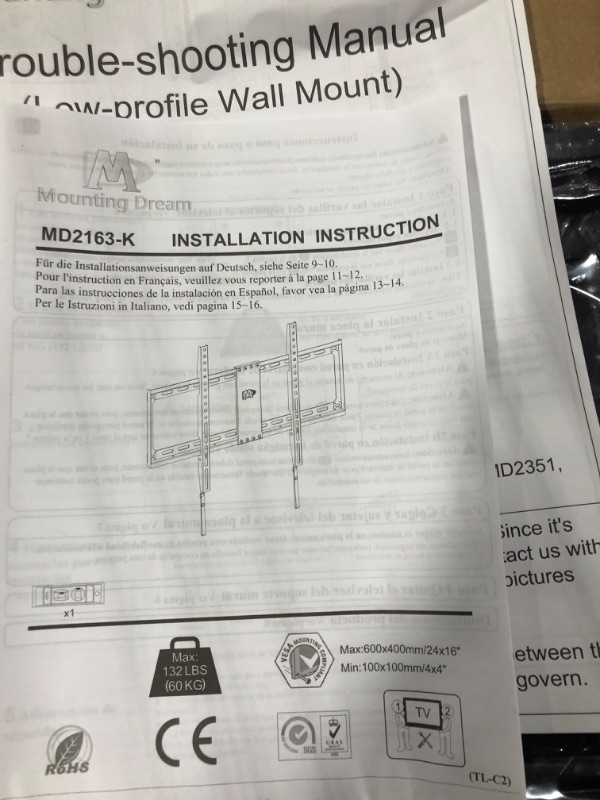Photo 1 of Mounting Dream TV Mount Fixed for Most 42-70 Inch Flat Screen TVs, UL Listed TV Wall Mount Bracket up to VESA 600 x 400mm and 132 lbs - Fits 16"/18"/24" Studs - Low Profile and Space Saving MD2163-K