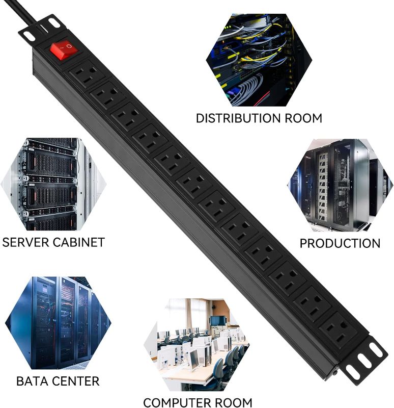 Photo 4 of BTU Power Strip Surge Protector Rack-Mount PDU, 12 Outlet Power Strip with Switch, Metal Mountable Power Strip Heavy Duty for Server Racks, Garage Shop Power Strip, Industral Commercial (Black 6FT)