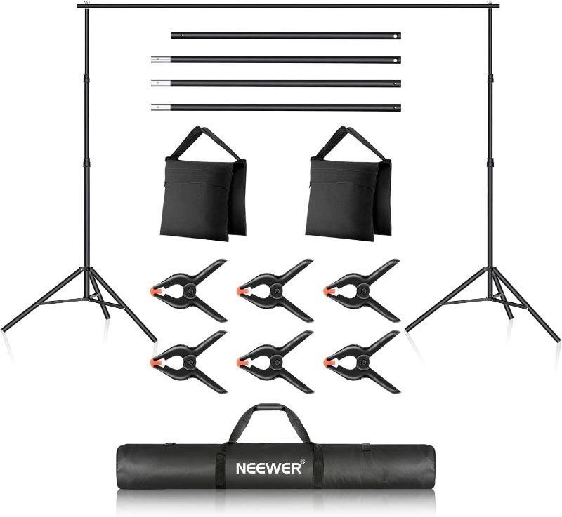 Photo 1 of Neewer Photo Studio Backdrop Support System, 10ft/3m Wide 6.6ft/2m High Adjustable Background Stand with 4 Crossbars, 6 Backdrop Clamps, 2 Sandbags, and...

