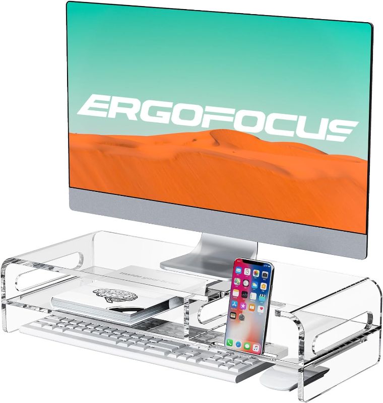 Photo 1 of Ergofocus 20inch Large Acrylic Monitor Stand Riser, 2-Tier Clear Monitor Stand with Built-in Phone Holder, Premium Acrylic Monitor Riser with Keyboard Storage
