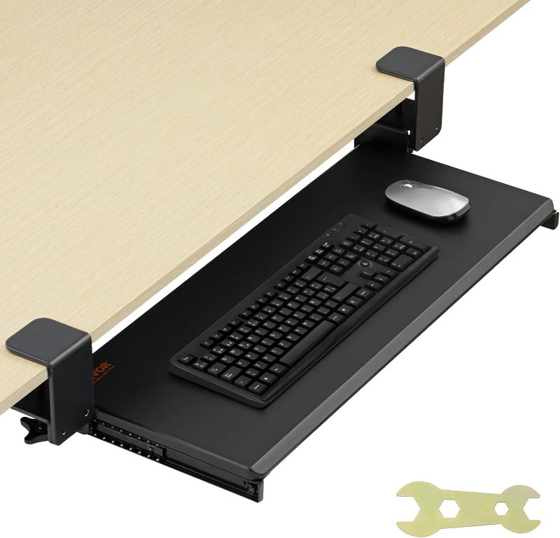 Photo 1 of Clamp on Keyboard Tray Under Desk, Desk Keyboard Tray Slide Out with Sturdy No-Drill C Clamp Mount, Large 26.8 x 11 inch Slide-Out Computer Drawer for Typing in Home, Office Work