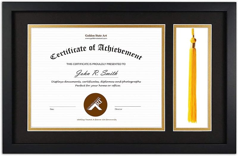 Photo 1 of 11x17.5 Black Diploma Frame with Tassel Holder for 8.5x11 Diploma and Tassel Frame, Graduation Shadow Box with Solid Wood and Tempered Glass, Black Over Gold Mat for Wall, 1 Pack